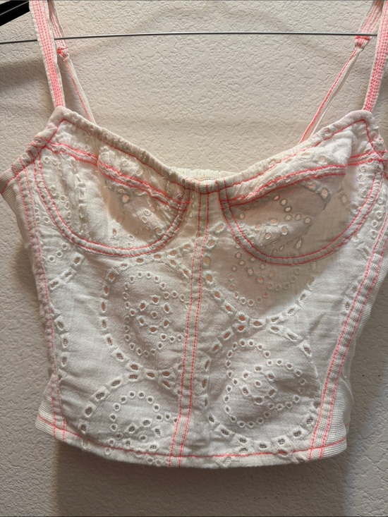 Free People Tops - Free People White Eyelet Corset Tank with Pink Trim